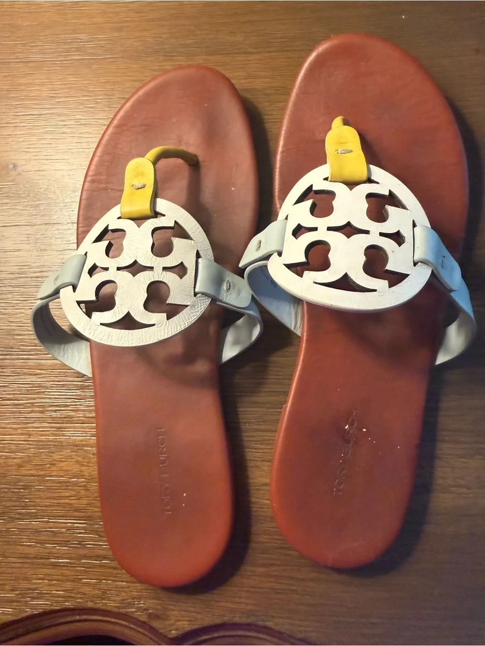 Tory Burch Red Footbed Sandals with White Logo and Yellow Thong